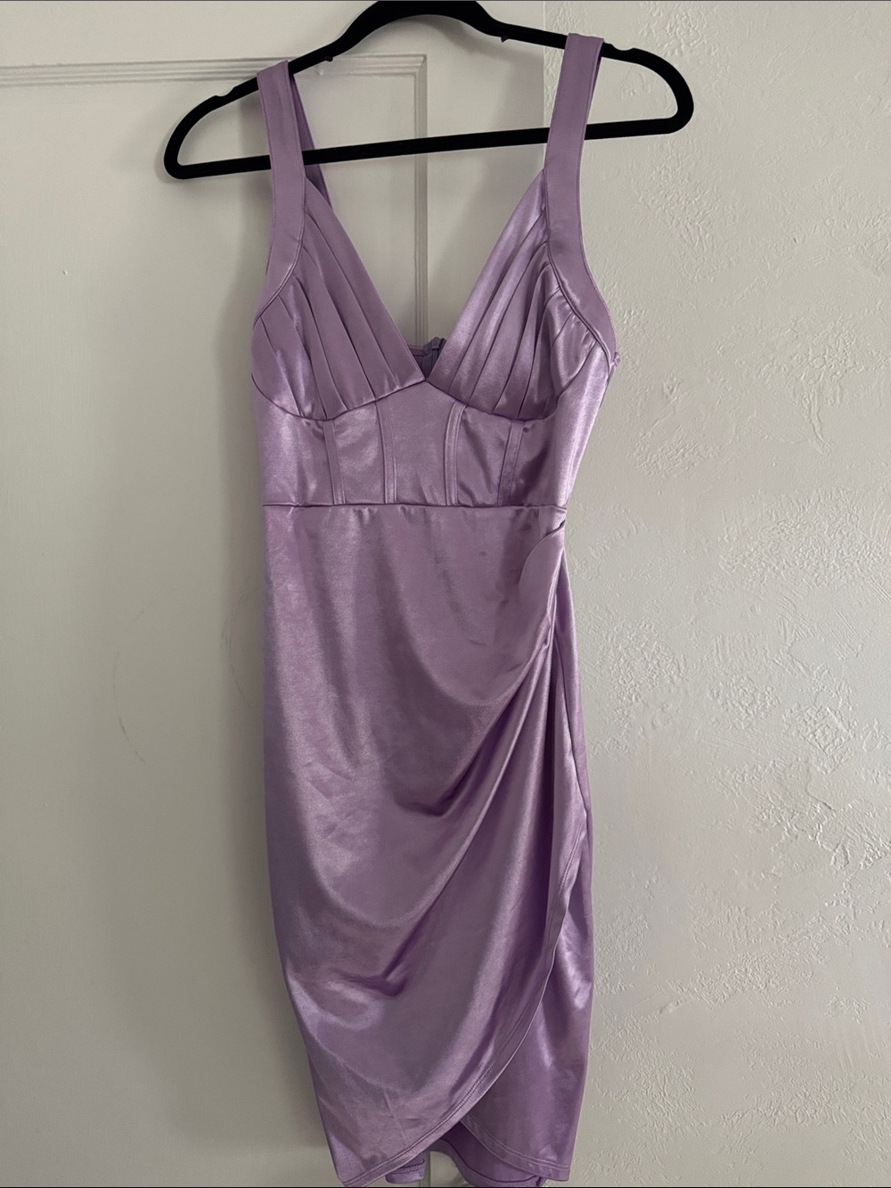 Lavender Satin Ruched Midi Dress